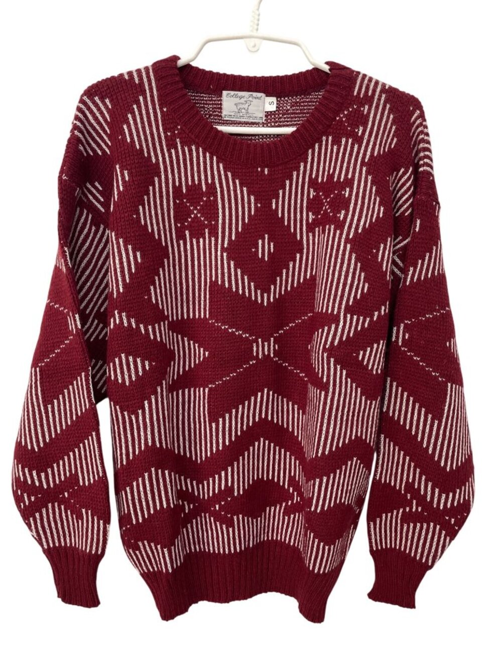 Vintage 90s College Point Sweater Small Crewneck Geometric Snowflakes Burgundy